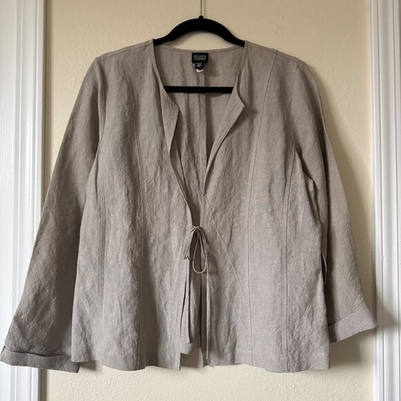 Eileen Fisher Gray Tie-Front Lightweight Linen Blend Jacket Sz Medium - Picture 1 of 7